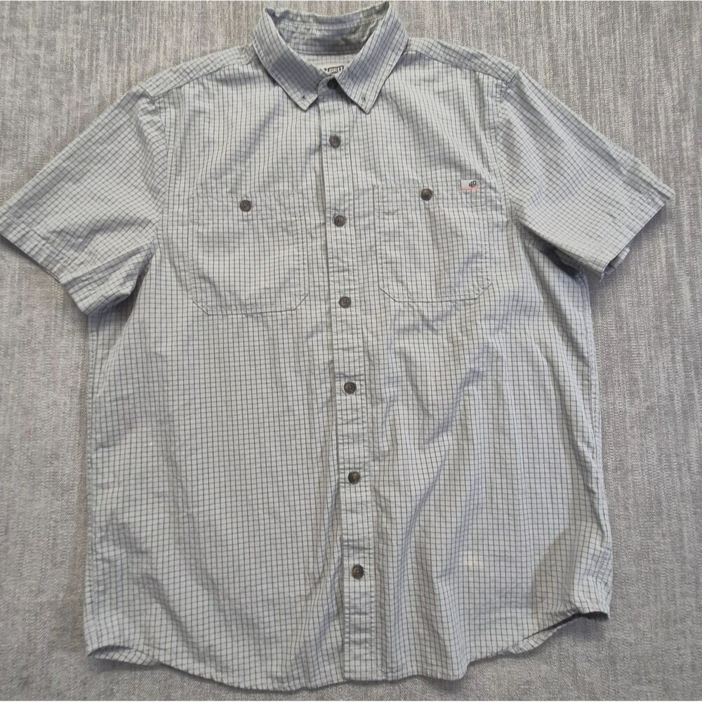 Duluth Trading Co 40 GRIT Mens LG Plaid Short Sleeve Button Up Shirt Gray Cotton